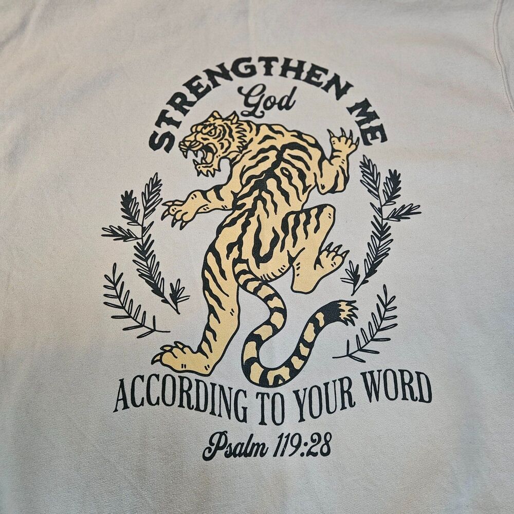 The Christian Boho Sweatshirt Hoodie Women Sz L Strengthen Me Psalm 119:23 Gray - Picture 7 of 7